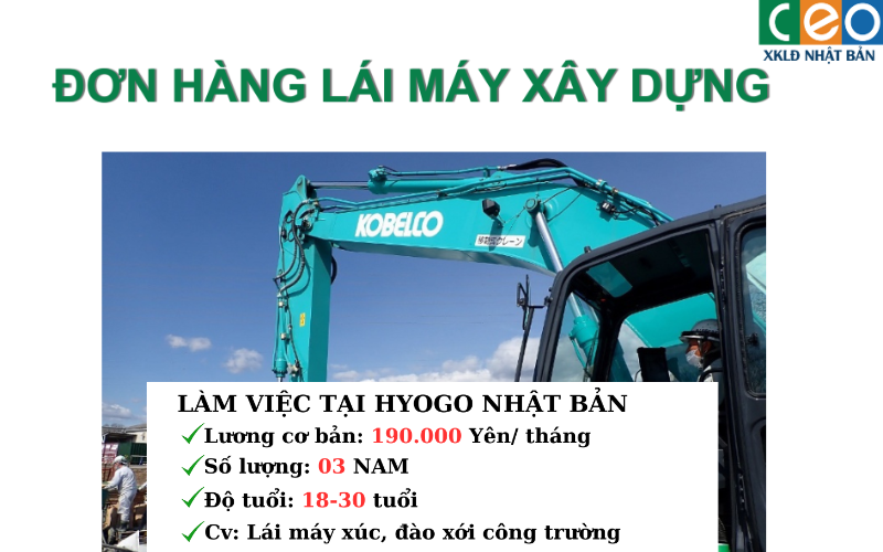 TUYỂN 03 Nam LÁI MÁY XÂY DỰNG Làm Việc Tại Hyogo Nhật Bản